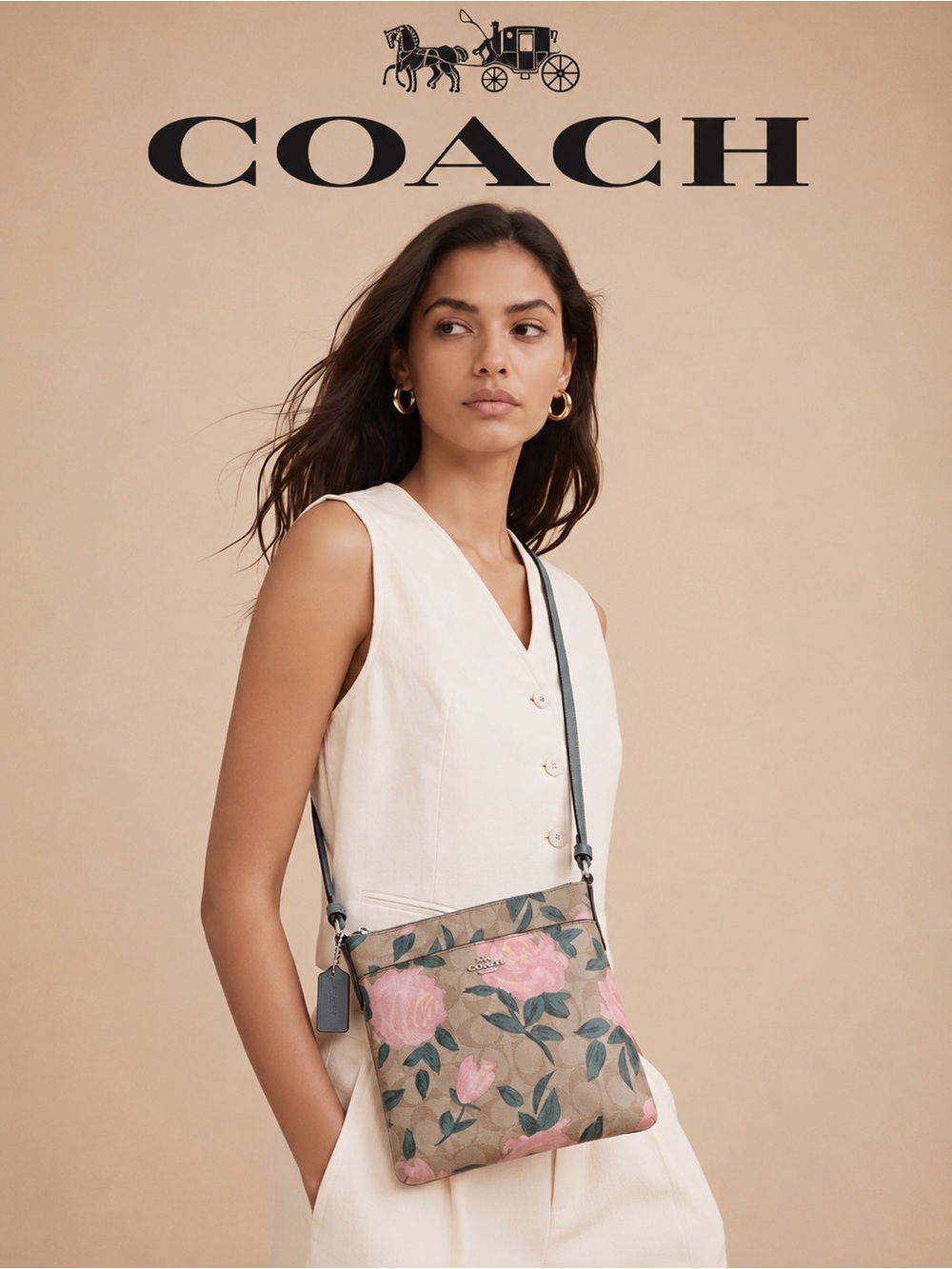 Coach Rose Floral Print Crossbody Bag in Tan and Pink
